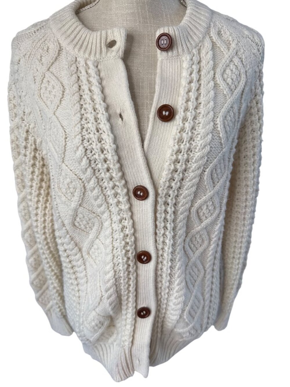 Encore Size L Crewneck Aran Cable-Knit Button Lumber Cardigan Ivory